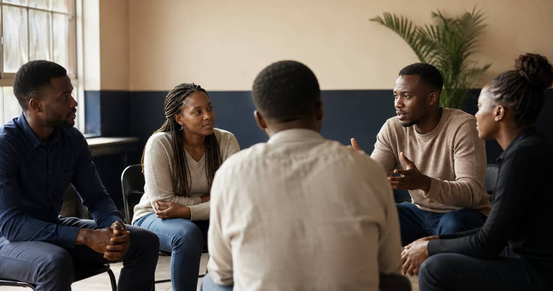 A peer support group meeting, representing Project Transformed's community programs