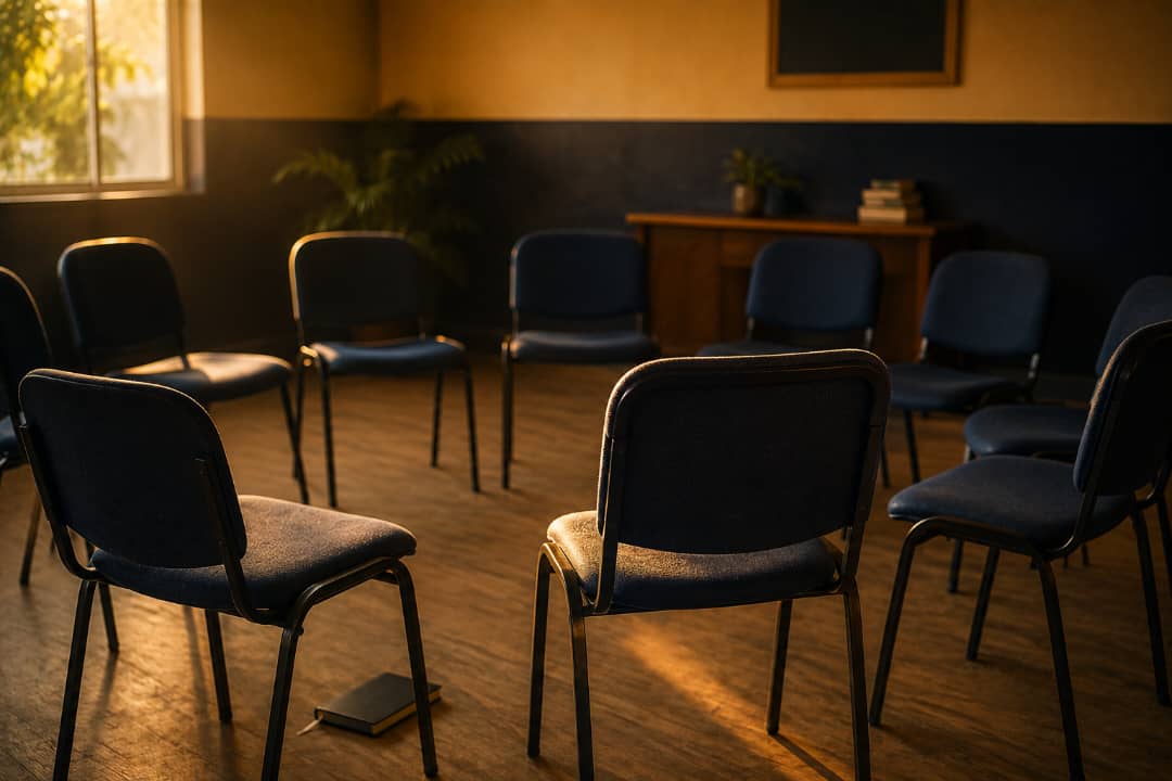 An empty chair in a circle, representing the community waiting to welcome you